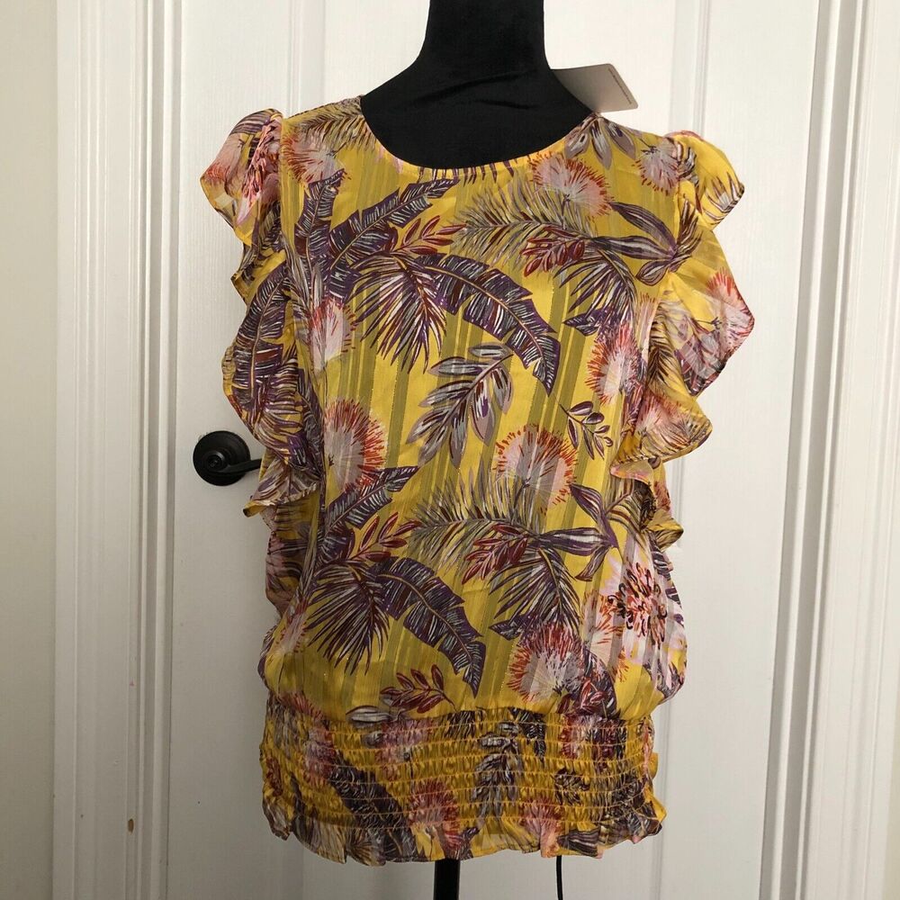 Pleione Yellow Tropical Floral Ruffle Smocked Hem Blouse‎ Gold Stripe Medium NEW